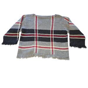 Handmade Sweater Womens Medium Plaid Fringe Wool Knit Pullover Acedemia Preppy